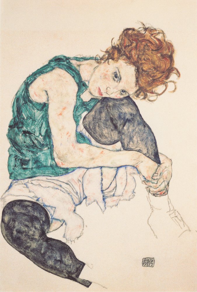 Egon Schiele, Sitzende Frau mit hochgezogenem Knie, 1917, Kohle, Aquarell und Gouache, junge Frau in grüner Bluse