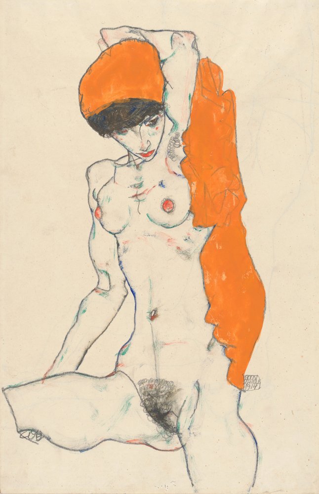 Desnudo de pie con tela naranja, 1914 de Egon Schiele