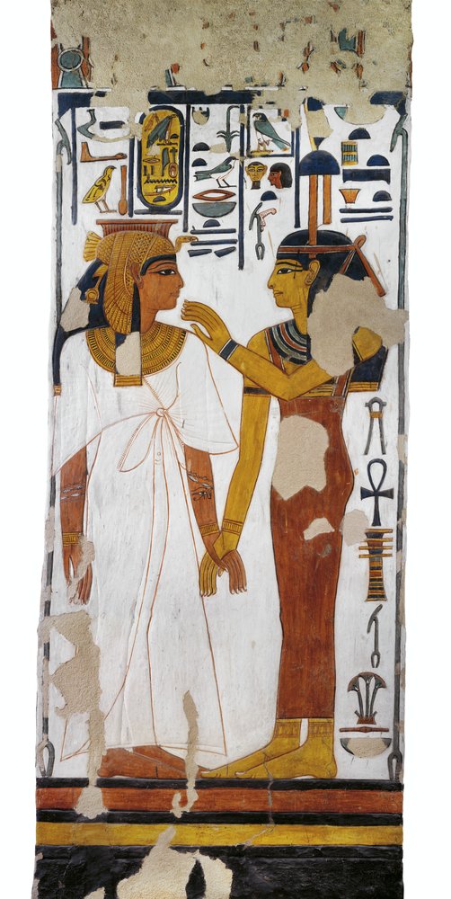 Egipto, Tebas, Luxor, Valle de las Reinas, tumba de Nefertari, pintura mural de la diosa Isis y una reina sobre un pilar en la cámara funeraria de la XIX dinastía de Egyptian 19th Dynasty