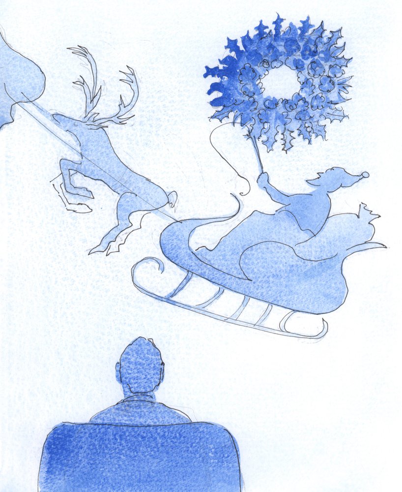 El significado de la Navidad: El Señor representó ante mí una gigantesca corona de follaje, y luego una representación silueteada de Papá Noel en un trineo, conduciendo sus renos, 2005 (acuarela sobre papel) de Elizabeth Wang