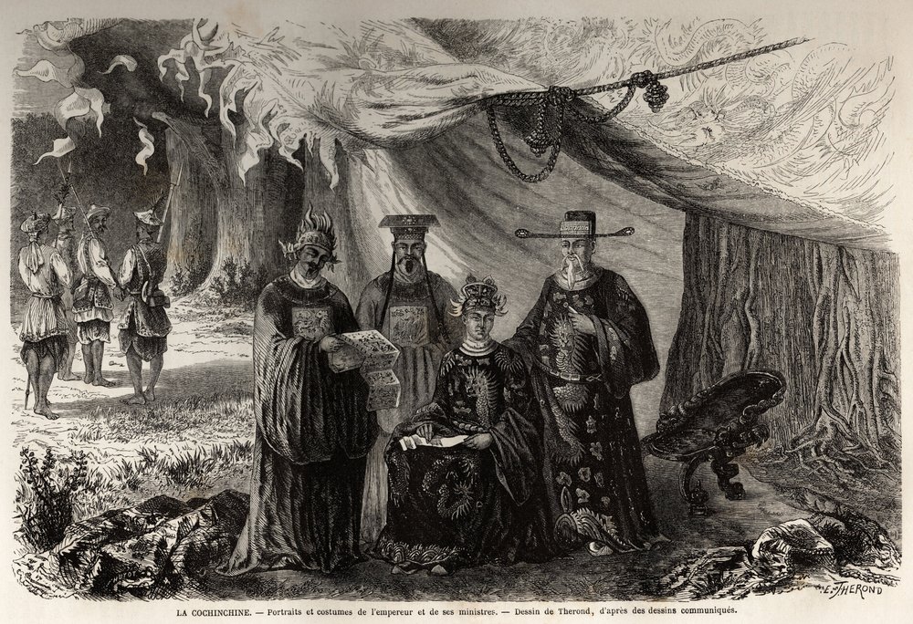 Retratos y trajes del Emperador de Annam y sus ministros, Cochinchina, dibujo de Therond, para ilustrar una correspondencia única con Cochinchina en 1859. Grabado en "Le tour du monde, nouveau journal des voyages" París de Emile Theodore Therond
