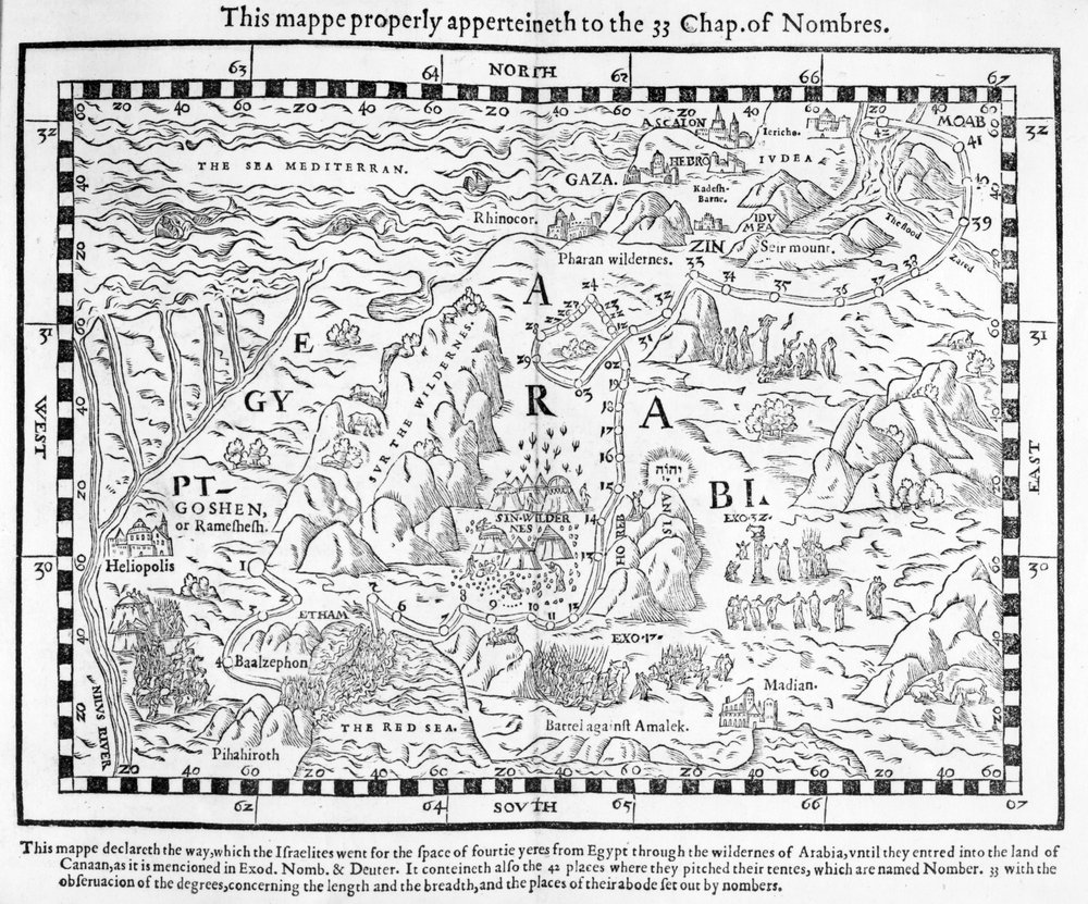 Mapa que muestra el viaje de los israelitas desde Egipto hasta Canaán, facsímil de una imagen de la Biblia de Ginebra de 1560 de English School