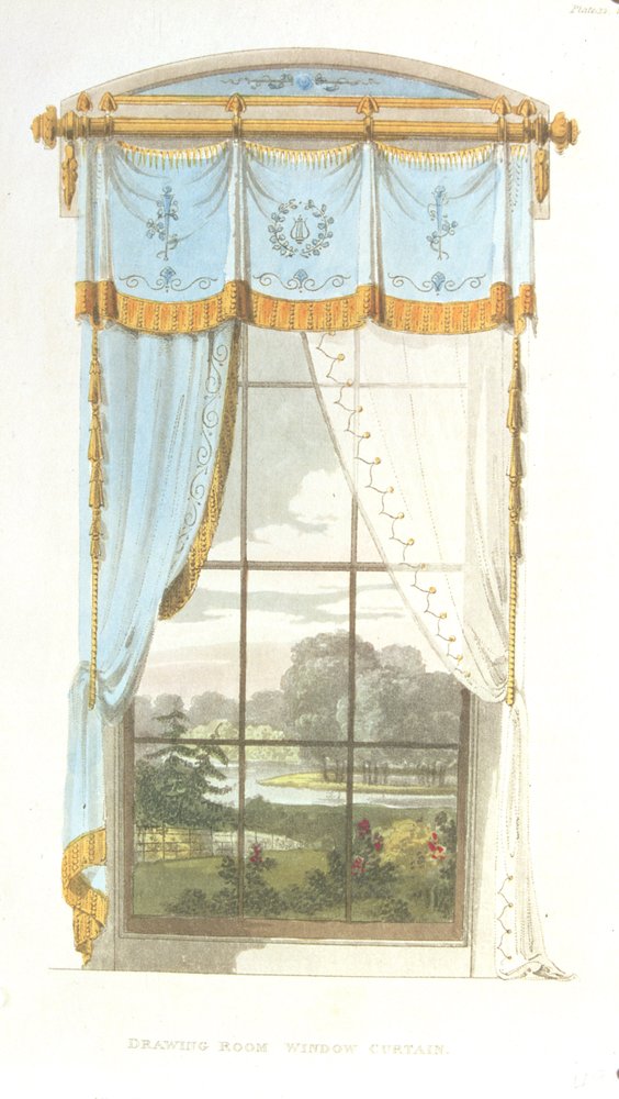 Cortina de ventana de sala de estar, lámina 72 de Ackermanns Repository of Arts, publicado en 1815 de English School