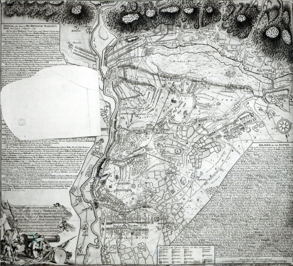 Plano de la Batalla de Minden, dibujado por el Capitán William Roy y grabado por Thomas Major, 1760 de English School