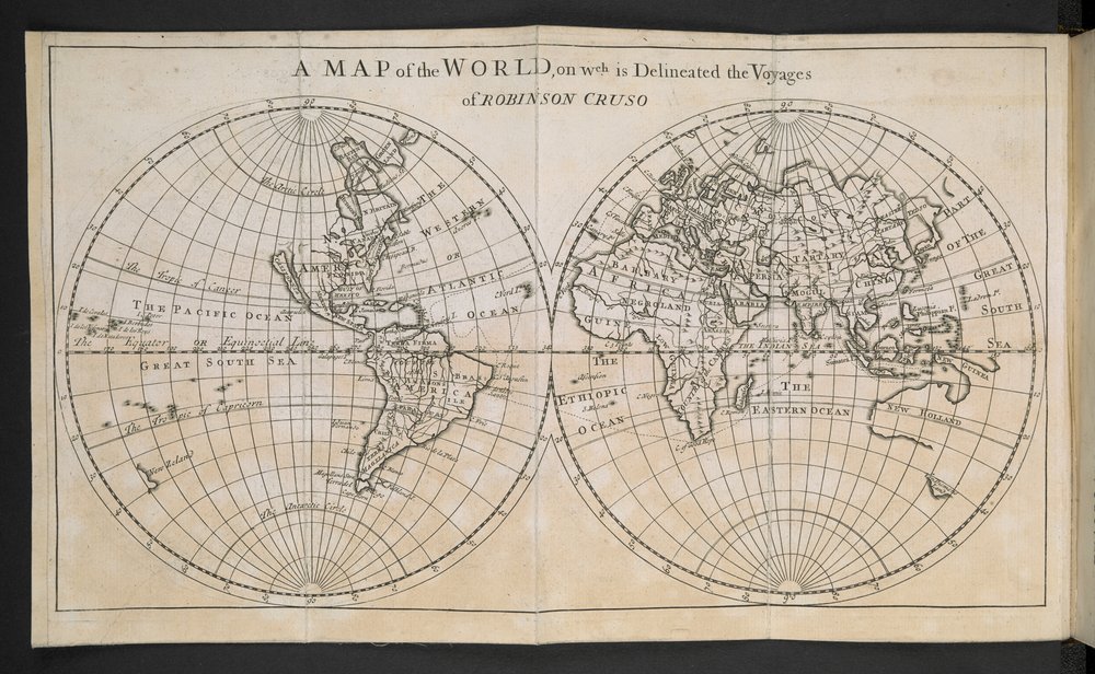 Un mapa del mundo, en el que se delinean los viajes de Robinson Crusoe de English School