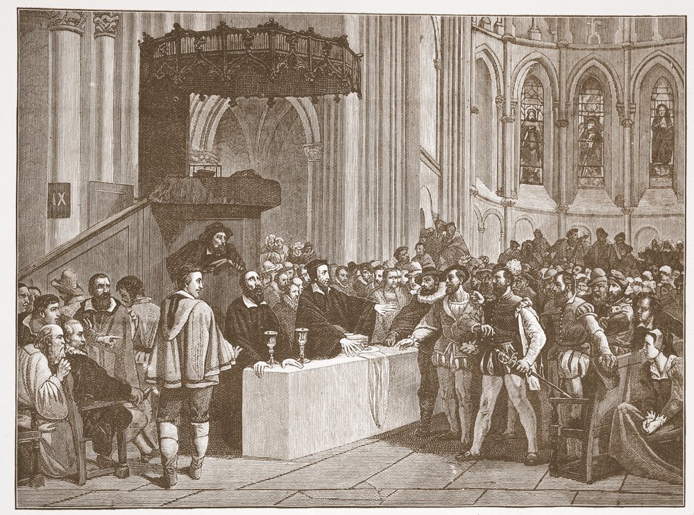 Calvino negando la Cena del Señor a los Libertinos, en la Catedral de San Pedro, Ginebra, ilustración de La Historia del Protestantismo de James Aitken Wylie, pub. 1878 de English School