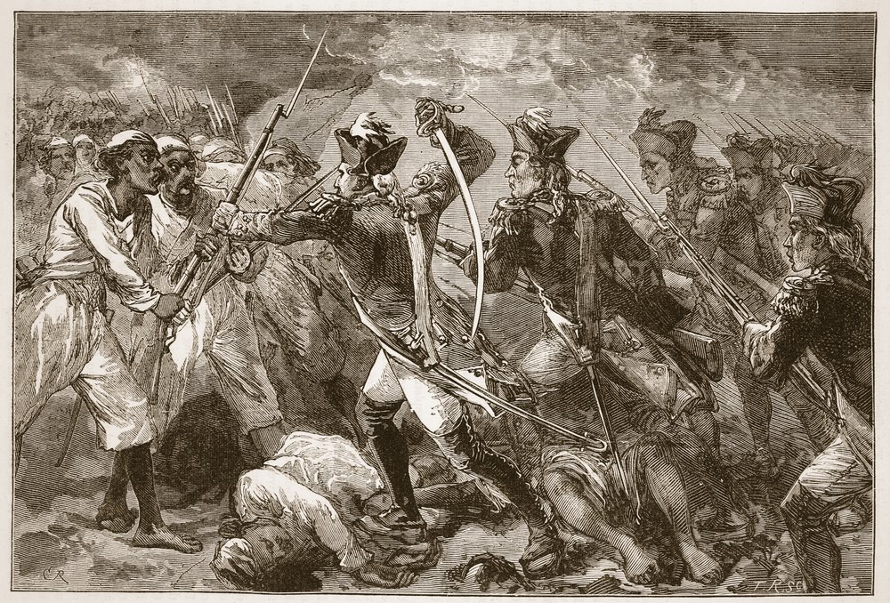 El Capitán Yorke liderando la esperanza perdida en Masulipatam, ilustración de Cassells Illustrated History of India de James Grant, pub. 1879 de English School