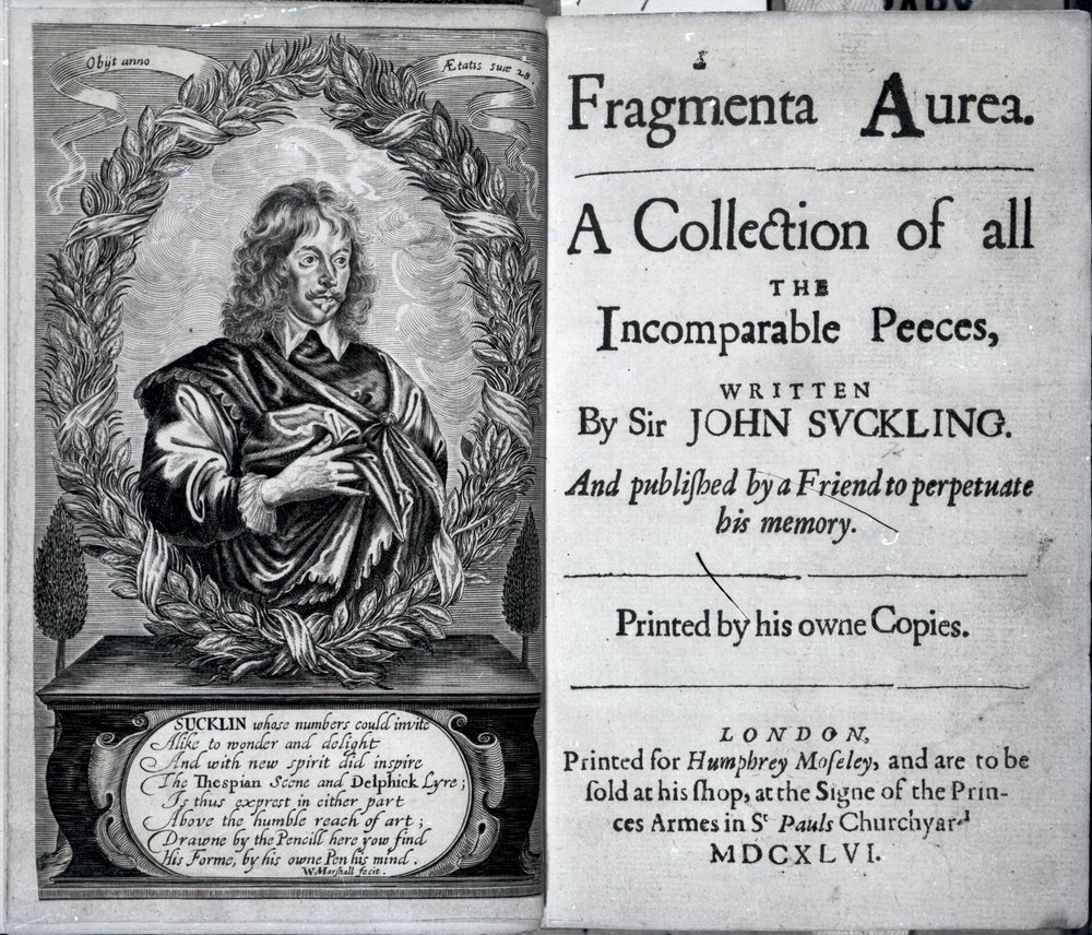 Frontispicio de Fragmenta Aurea, una colección de todas las piezas incomparables escritas por Sir John Suckling, publicada en 1646 de English School