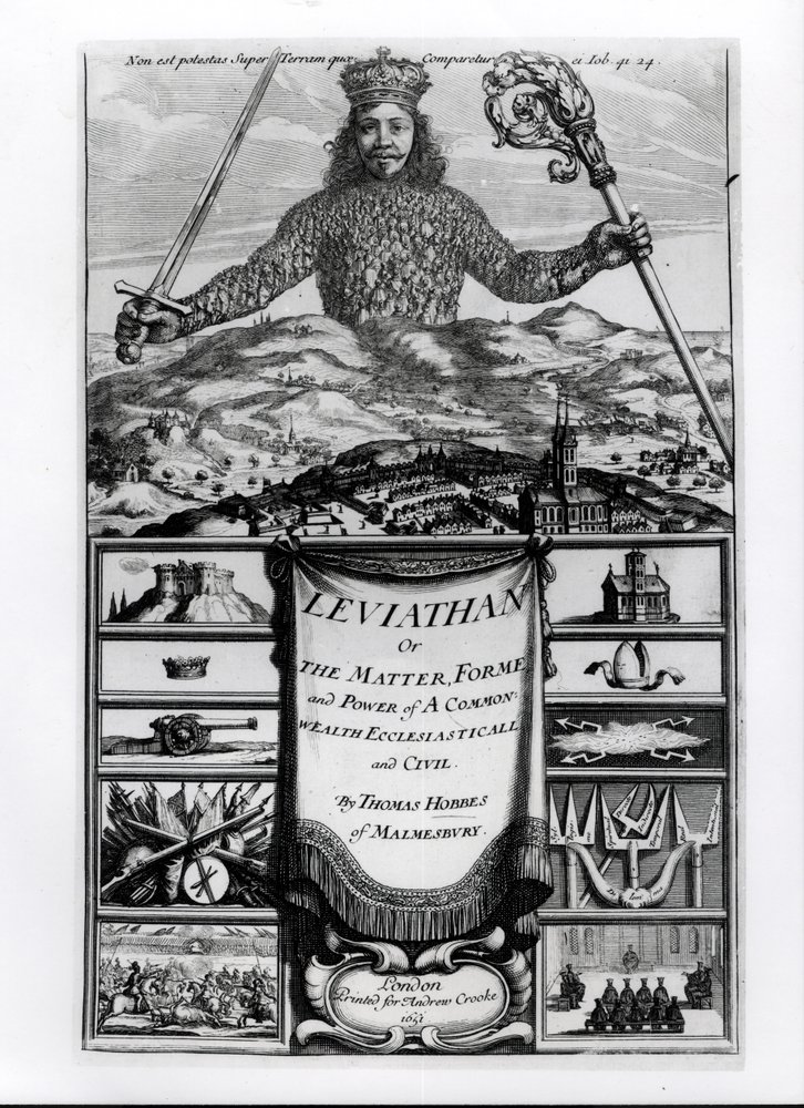 Frontispicio de Leviatán o la materia, forma y poder de una comunidad eclesiástica y civil, 1651, por Thomas Hobbes de Malmesbury de English School