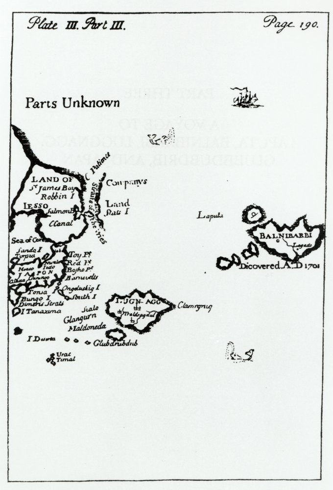 Mapa de Los Viajes de Gulliver por Jonathan Swift (1667-1745) de English School