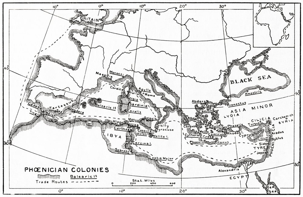 Mapa de las colonias fenicias y sus rutas comerciales en el Mediterráneo de English School