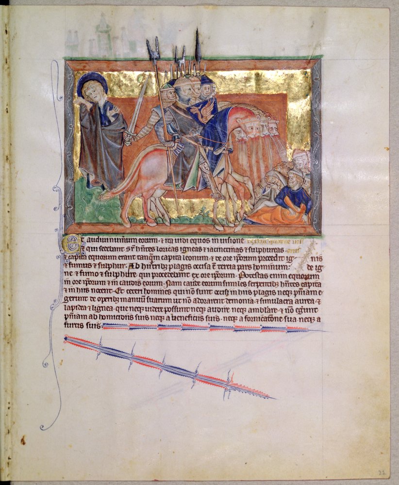 Ms L.A. 139-Lisboa fol.20 Ejército de jinetes, del Apocalipsis de Gulbenkian, c.1256-70 de English School