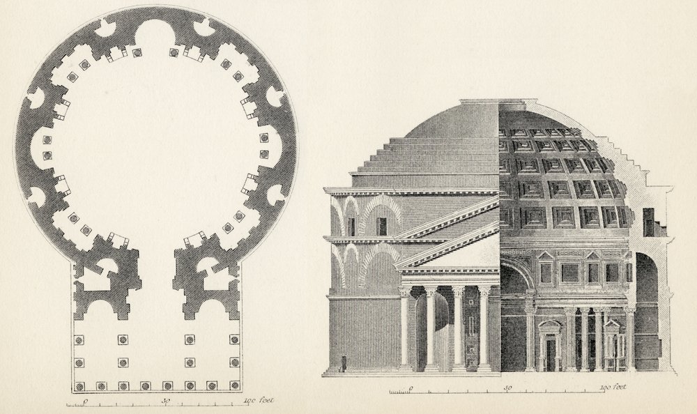 Planta y alzado del Panteón de Roma, de The National Encyclopaedia, publicada por William Mackenzie, Londres, finales del siglo XIX de English School