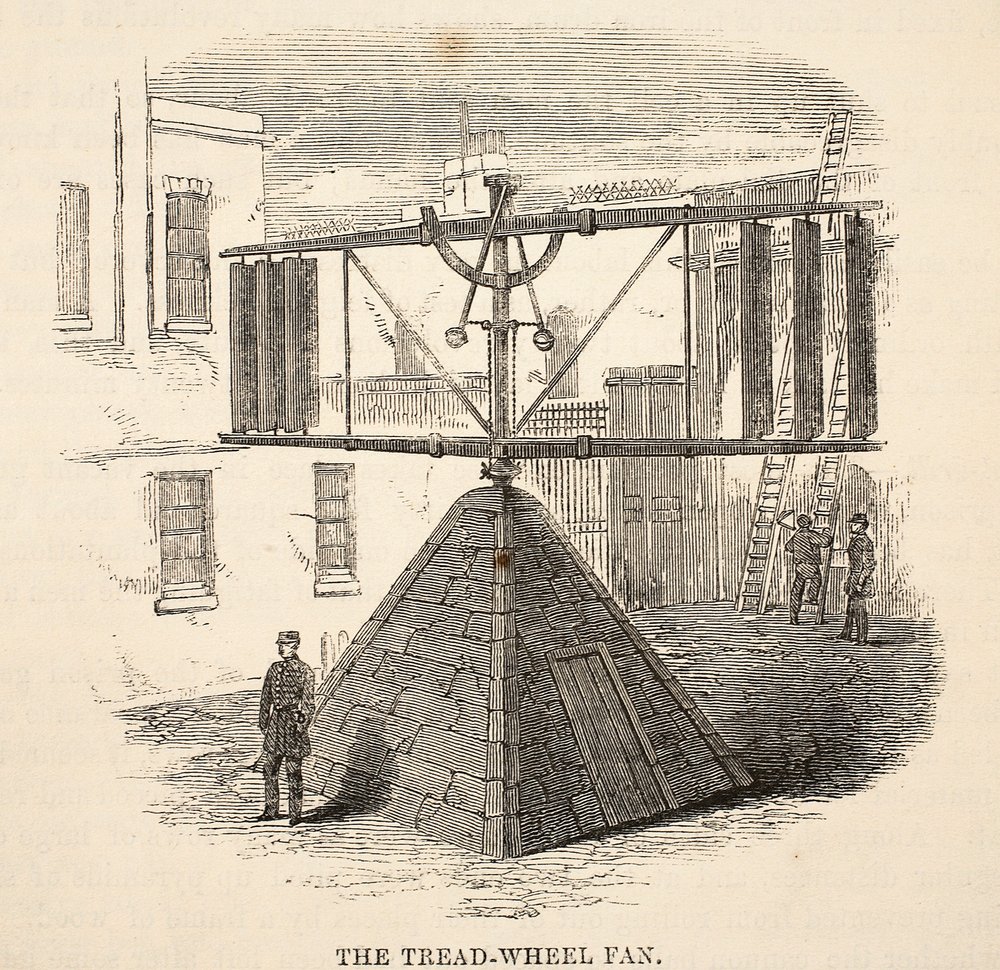 El ventilador de la rueda de molino, ilustración de Las prisiones criminales de Londres y escenas de la vida en prisión de Henry Mayhew y John Binny, pub. 1862 de English School