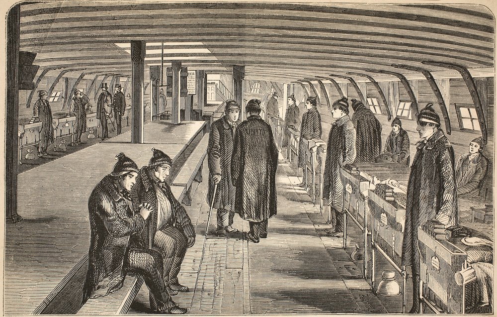 Cubierta superior del barco hospital Unite, adjunto a los cascos en Woolwich, ilustración de Las prisiones criminales de Londres y escenas de la vida en prisión de Henry Mayhew y John Binny, pub. 1862 de English School