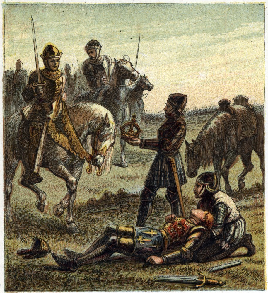 Guerra de las Dos Rosas: muerte del Rey Ricardo III (1452-1485) durante la Batalla de Bosworth Field, el 22/08/1485 entre Ricardo III y Enrique, Duque de Richmond. Este último recibió la corona del rey depuesto y se convirtió en Enrique VII conocido como E de English School