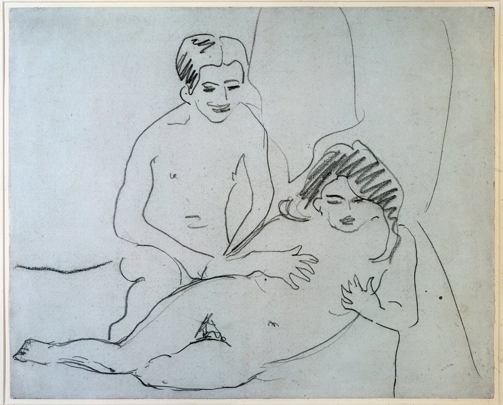 Pareja - Una pareja desnuda acostada en una cama - Dibujo de Ernst Ludwig Kirchner (1880-1938), Nueva York, Museum of Modern Art de Ernst Ludwig Kirchner