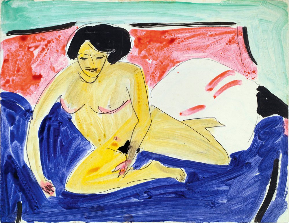 Desnudo sentado en un diván (Seated nude on Divan). Obra de Ernst Ludwig Kirchner (1880-1938), acuarela y tinta sobre papel de Ernst Ludwig Kirchner