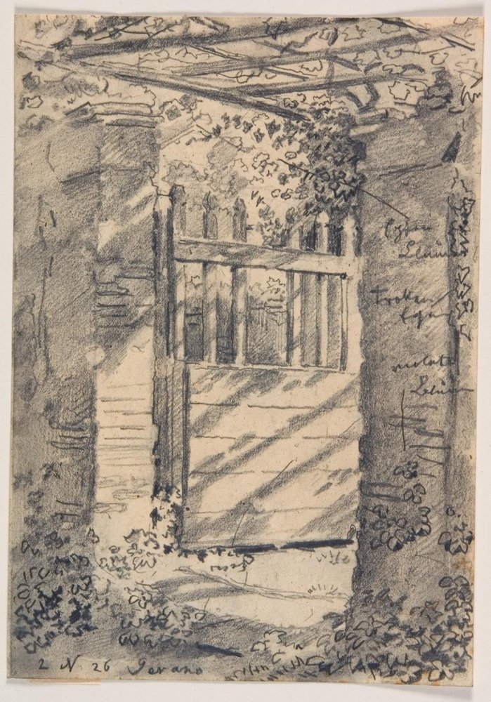 Una puerta de jardín abierta, sombreada por hojas de vid de Ernst Meyer