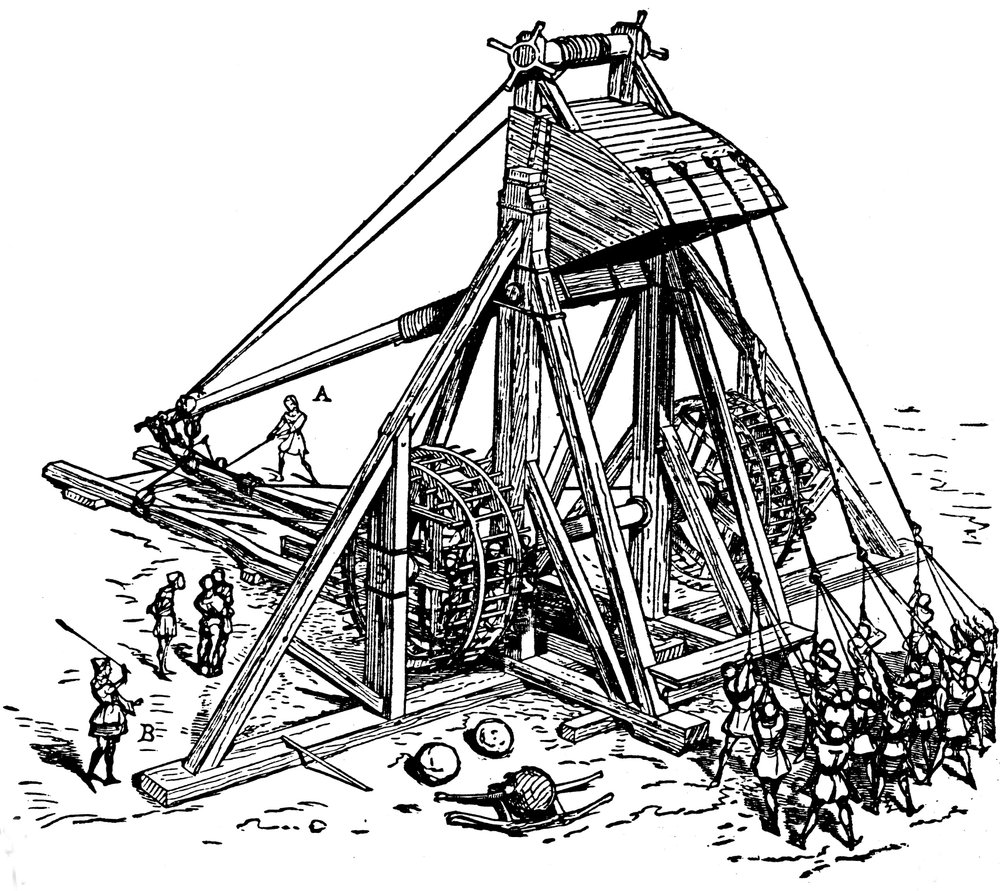 Reconstrucción de una enorme catapulta de tipo trabuquete de contrapeso, llamada mangonneau de Eugene Emmanuel Viollet-le-Duc