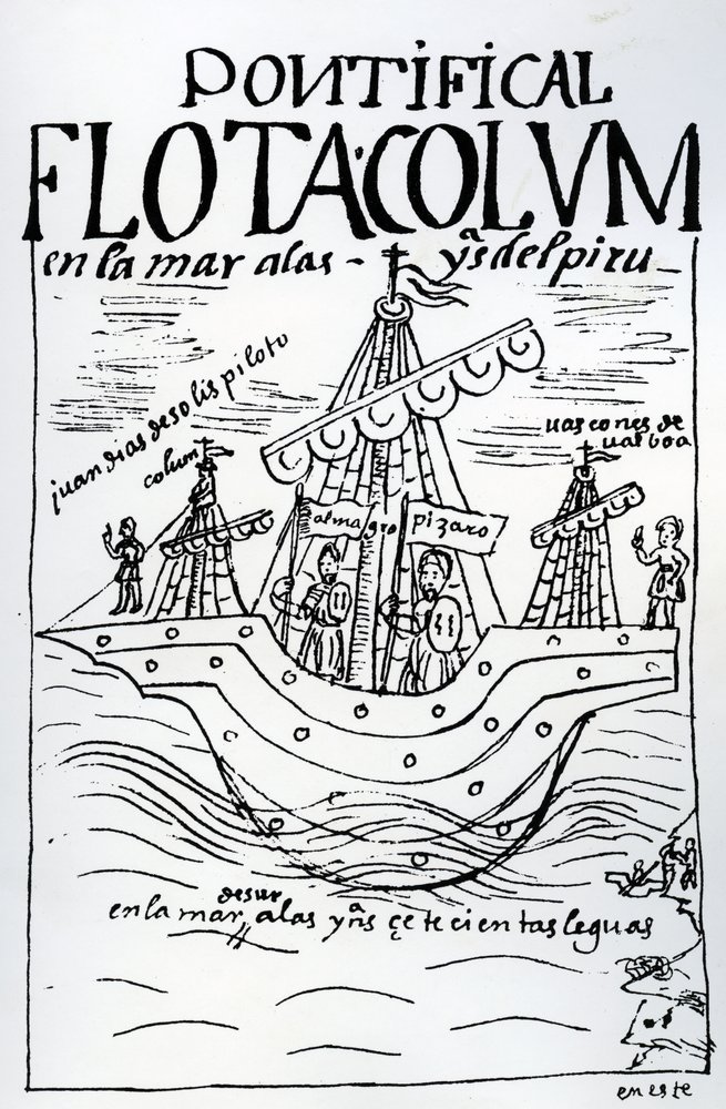 El barco de Cristóbal Colón navegando hacia Perú de Felipe Huaman Poma de Ayala