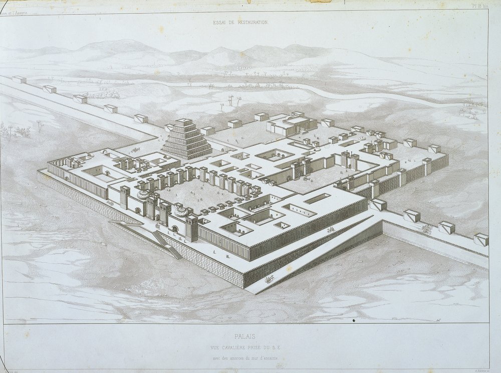 Palacio de Khorsabad, vista histórica desde el sureste con parte de las ...