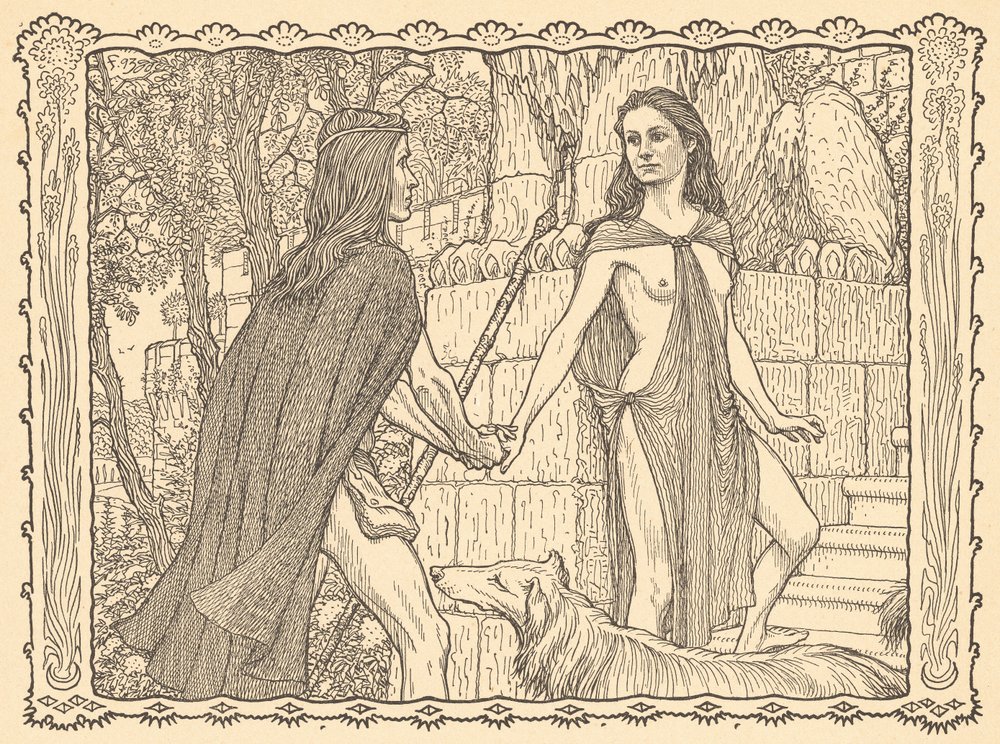 Begegnung, lámina 8, de la carpeta "Lebenszeichen", publicada en 1908 en Berlín por Fritz Heyder Verlag de Fidus