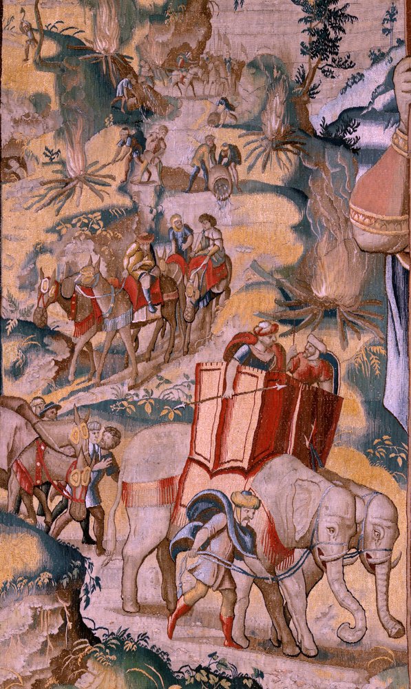 Tapiz flamenco. Serie La Historia de Aníbal. El cruce de los Alpes (Paso de los Alpes). Segundo tapiz de los conservados. Modelos Maestro anónimo de los Países Bajos. Fabricación de Bruselas, taller. Ca 1570. Tejido Lana y seda, 6,5/7 urdimbres por de Flemish School