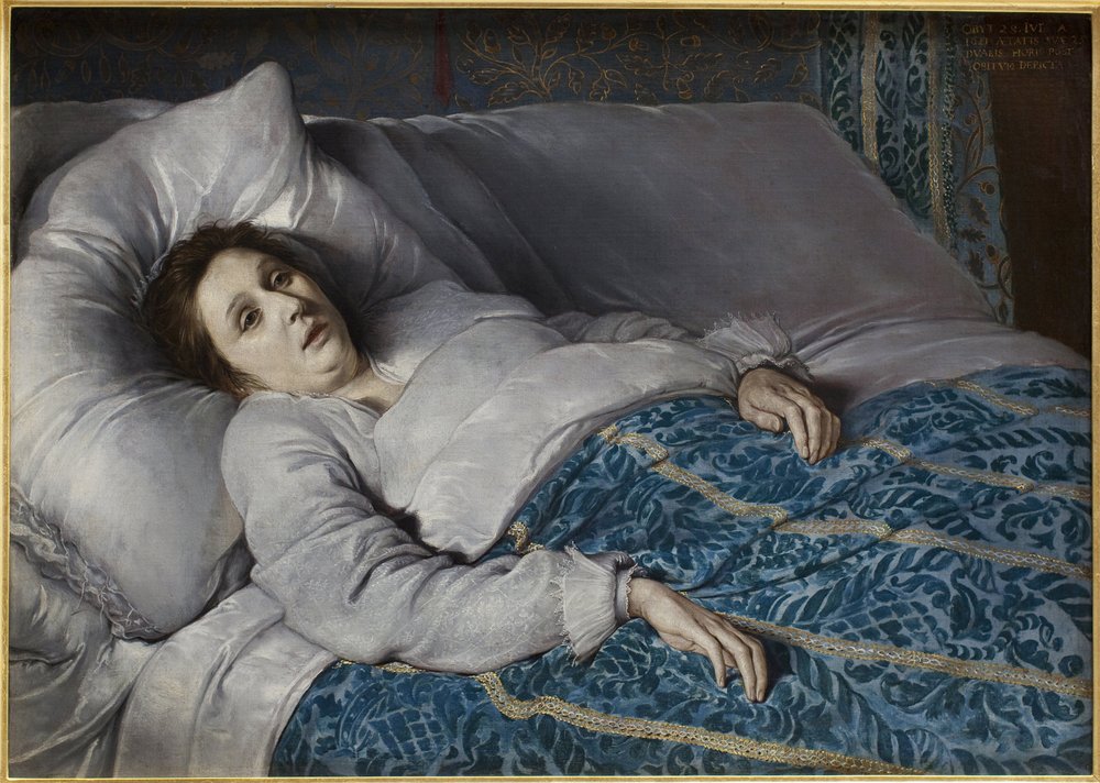 Mujer joven en su lecho de muerte. Pintura anónima de Flemish School