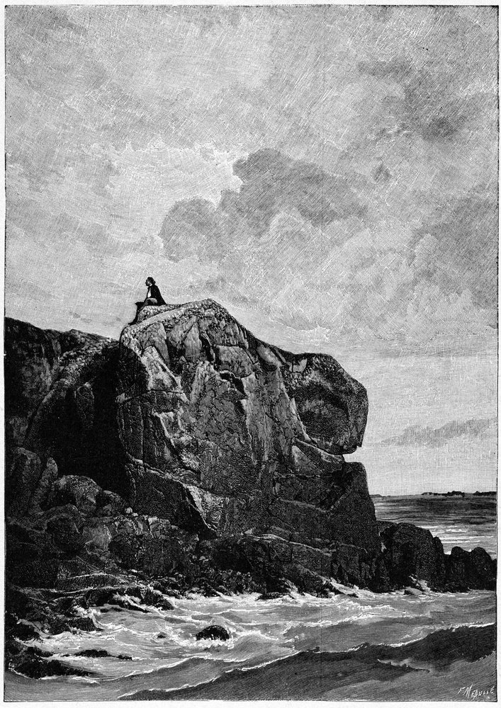 Victor Hugo exiliado en Jersey en 1855, en la roca Proscriit. Grabado ...