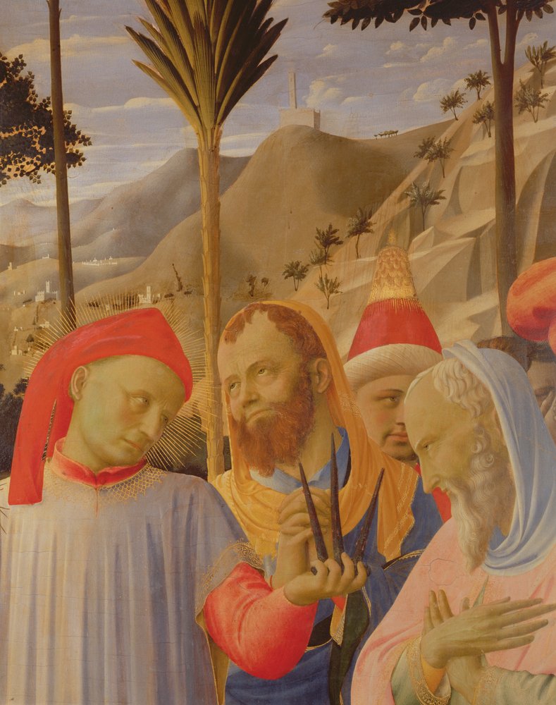 Retablo de Santa Trinita, (detalle) mostrando un grupo de hombres, posiblemente incluyendo a Nicodemo y José de Arimatea, c.1434 de Fra Angelico