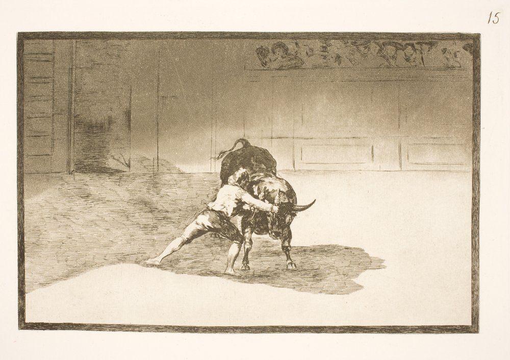 El famoso Martincho coloca las banderillas, engaña al toro con sus movimientos corporales de Francisco de Goya