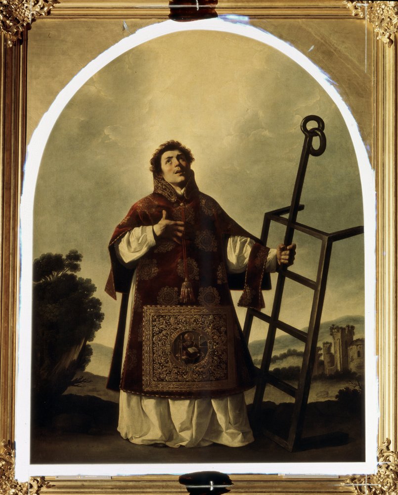 San Lorenzo de Roma (muerto mártir sobre una parrilla, que figura como su atributo) de Francisco de Zurbaran