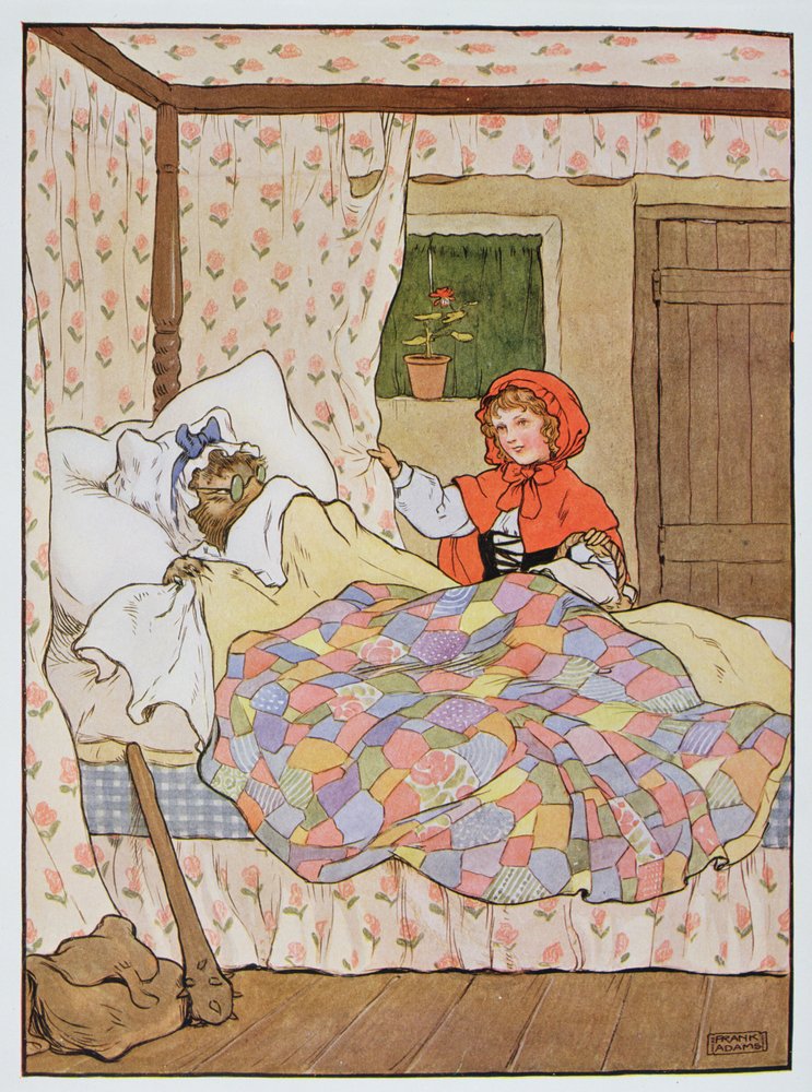 El lobo disfrazado de la abuela de Caperucita Roja, ilustración de «The Beautiful Book of Nursery Rhymes, Stories and Pictures», de Frank Adams, publicado por Blackie and Son de Frank Adams