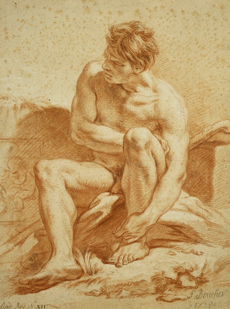 Un desnudo sentado con un bastón, un relieve con putti a la izquierda, 1738 de François Boucher