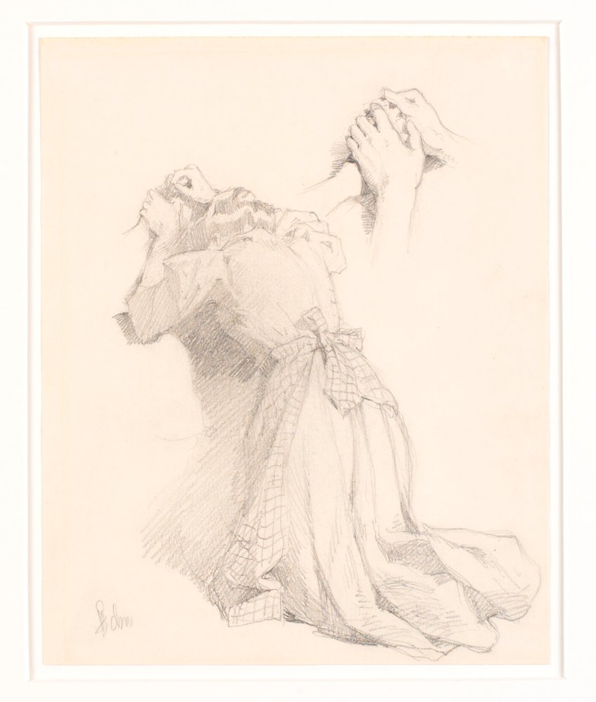 Una hoja con cinco bocetos a lápiz. Figuras femeninas. Estudio de manos. de Frans Schwartz