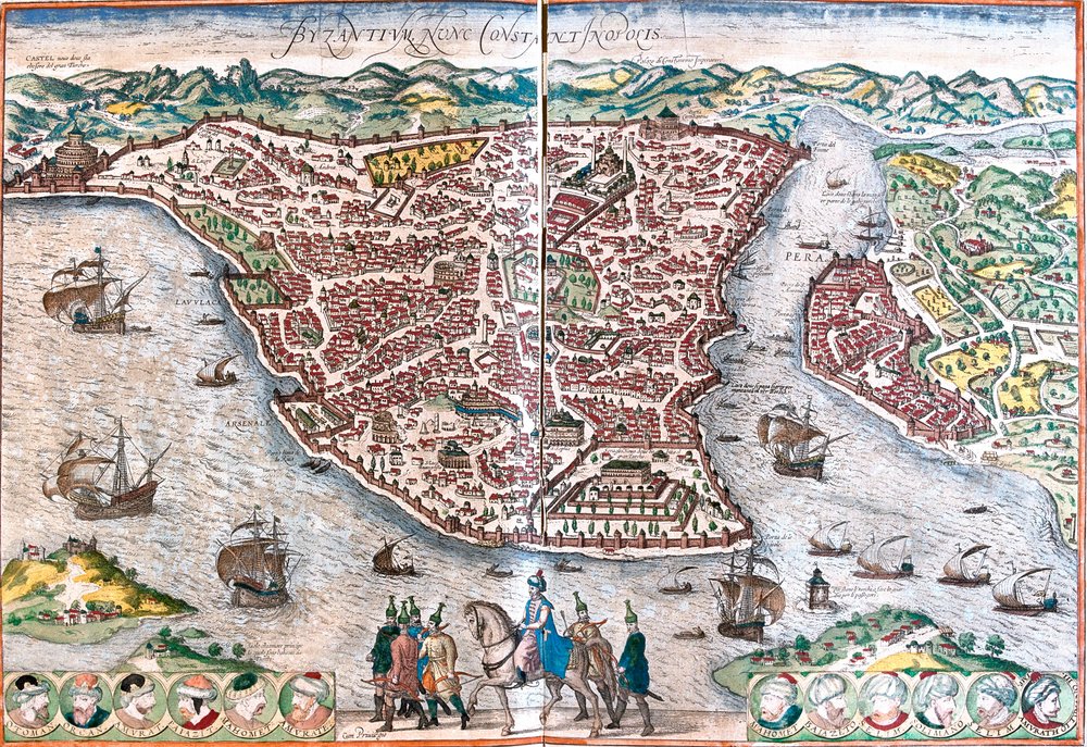 Plano de Bizancio, renombrado Constantinopla (Bizancio nunc Constantinopolis) (actual Estambul) de Franz Hogenberg