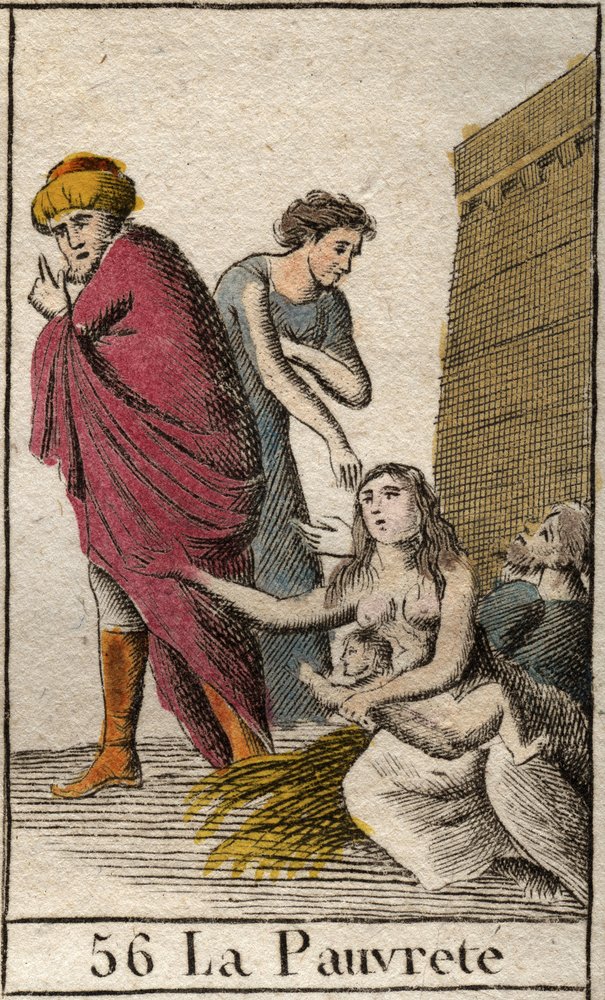 Representación de la Pobreza, descalza y vestida con harapos, sentada sobre paja. De “Mitología de la Juventud” por Pierre Blanchard 1803. de French School