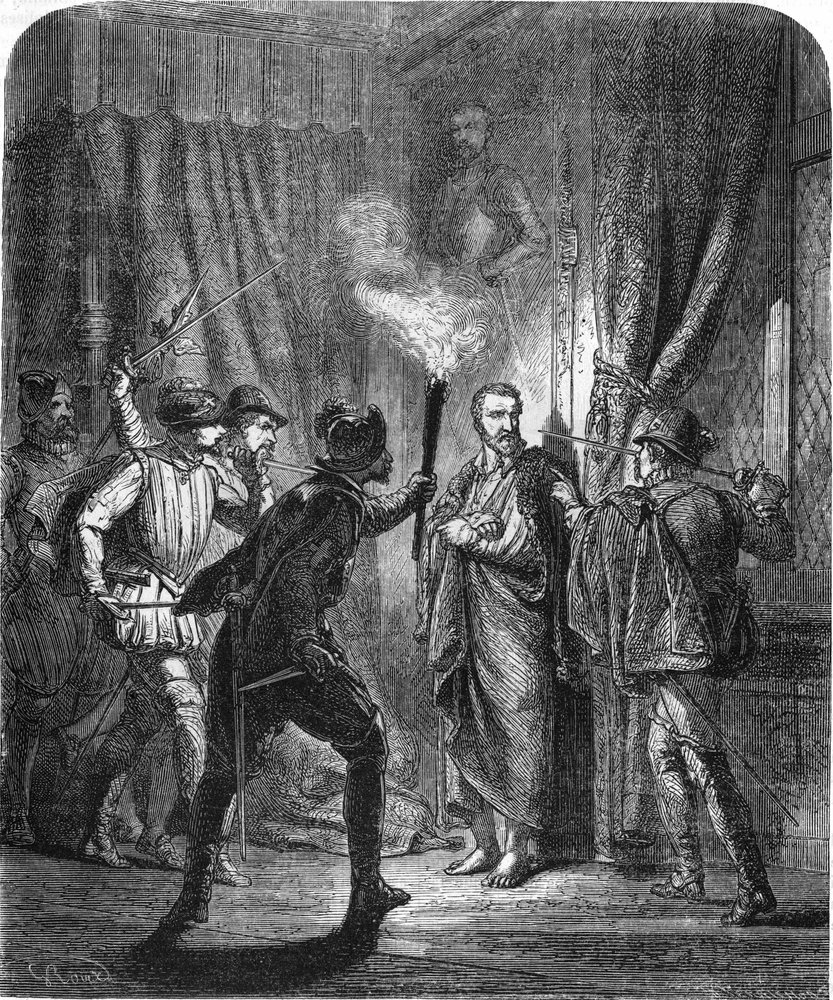 Asesinato del almirante de Coligny durante la masacre de San Bartolomé de 1572. En «Histoire populaire de la France», sin fecha, hacia 1885. Grabado. de French School