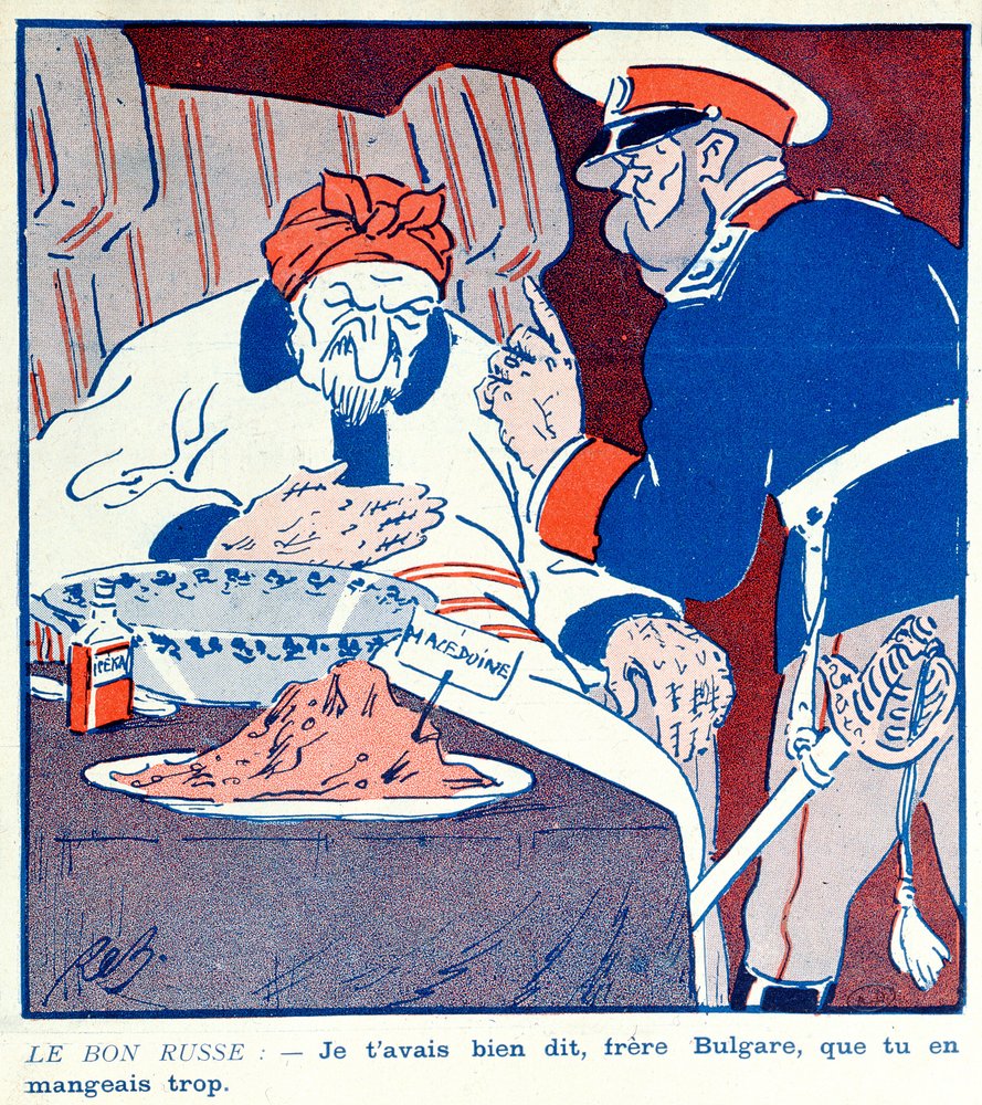 Caricatura criticando el comportamiento codicioso de Bulgaria sobre la partición de Macedonia durante las Guerras de los Balcanes 1912-13 de French School