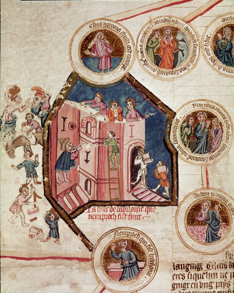Lugar de construcción de la Torre de Babel en Babilonia Página tomada del manuscrito "Genealogía de la Biblia" de la escuela francesa. Siglo XIV Cremone, biblioteca governativa de French School