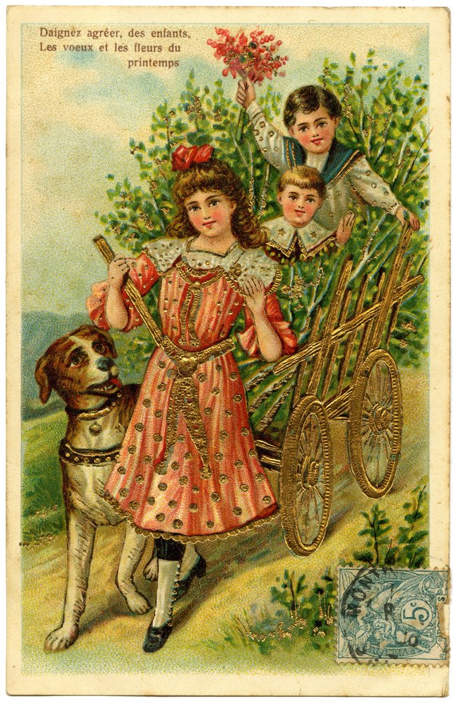 Daignez agreer, niños, deseos y flores de primavera: niños en un carro acompañados por un perro. Tarjeta postal de principios del siglo XX. de French School