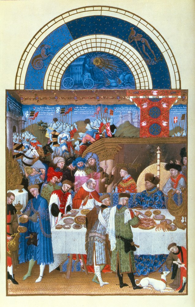 Facsímil de enero: escena de banquete por los hermanos Limbourg, de las Très Riches Heures du Duc de Berry de French School