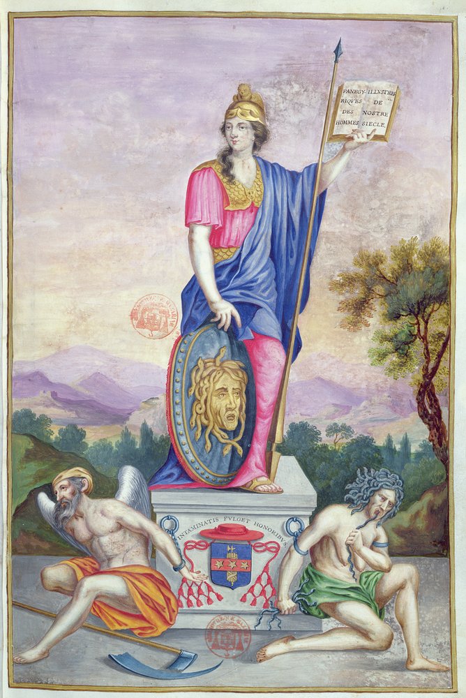 Frontispicio ilustración alegórica de la diosa Minerva de Les Panegyriques des Hommes Illustres de Notre Siecle por Puget de la Serre, 1655 de French School