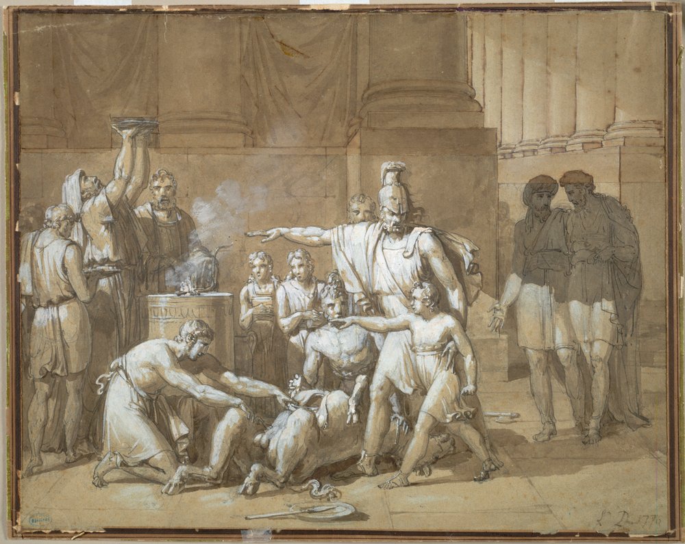 Aníbal jurando eterna enemistad a Roma, c. 1808 (pluma y tinta con aguada sobre grafito) de French School