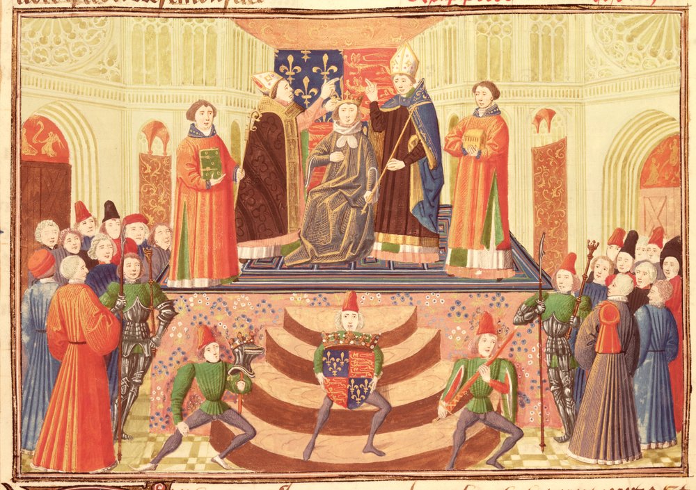 Harl 4380 f.186v La coronación de Enrique IV (1367-1413), de las Crónicas de Froissart, vol. IV de French School