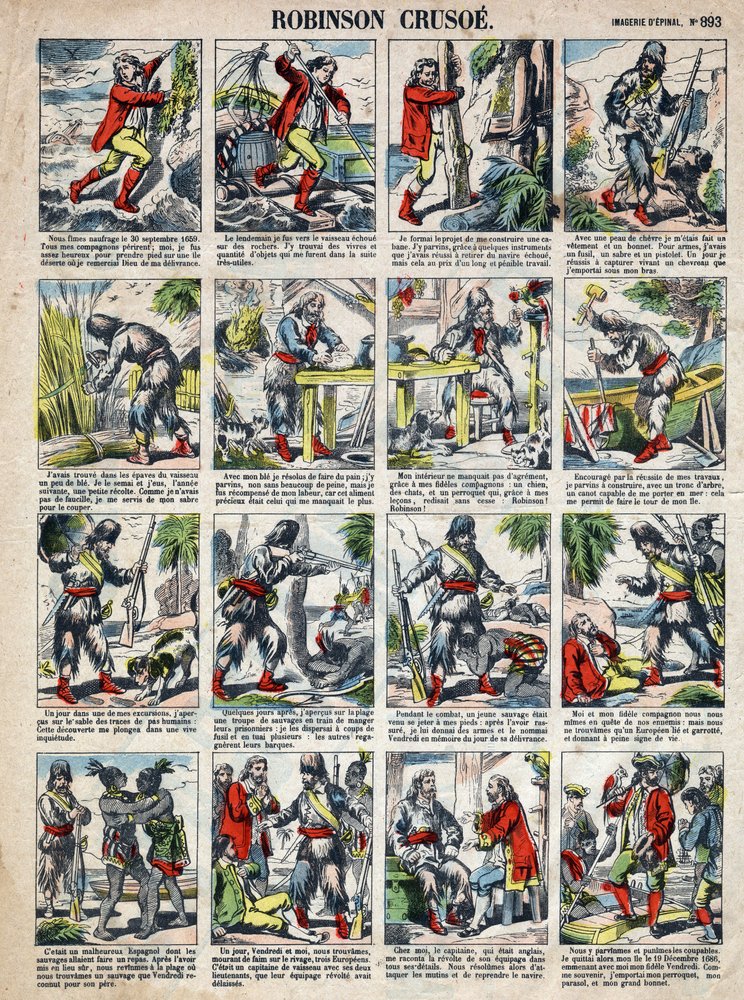 Ilustración para el libro de Daniel Defoe (De foe) “” Robinson Crusoe””. Imagen de Epinal de finales del siglo XIX. de French School