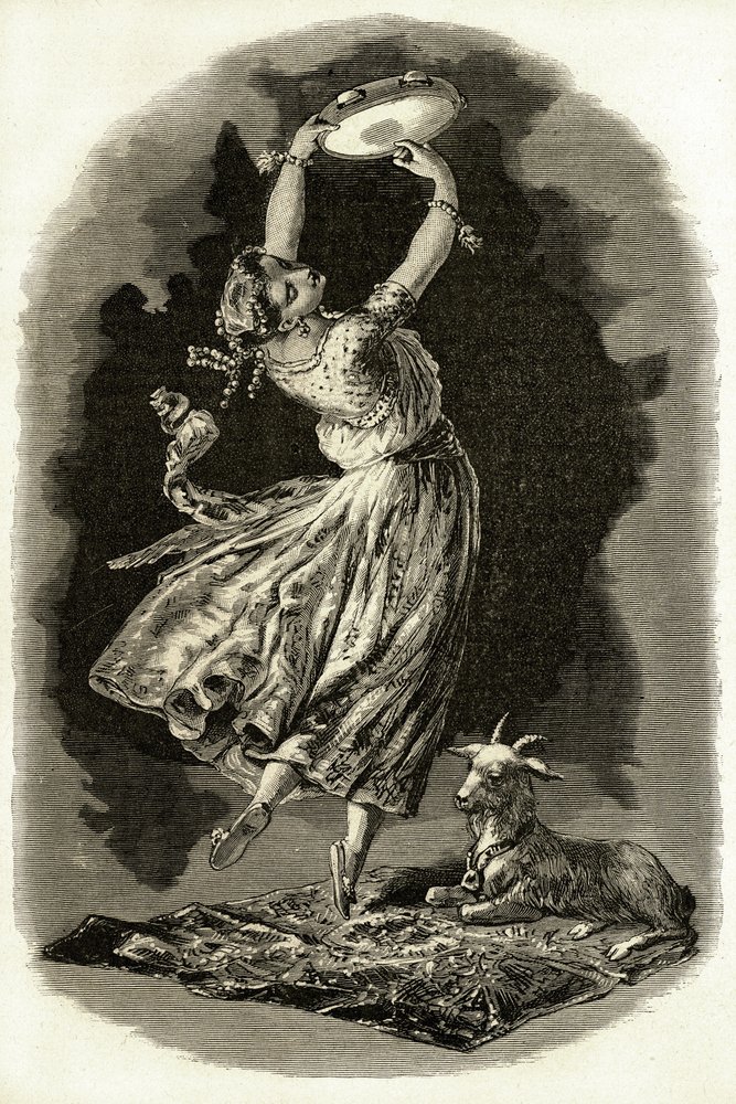 Ilustración para "Notre-Dame de París" de Victor Hugo: Esmeralda baila tocando la pandereta junto a su cabra, principios del siglo XX (litografía) de French School