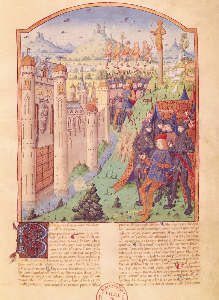 Ms 493 fol.1r Las Obras de Virgilio con Comentario de Servio, Las Bucólicas, Rey sentado en su trono rodeado por sus guardias frente a una ciudad fortificada, Francia de French School