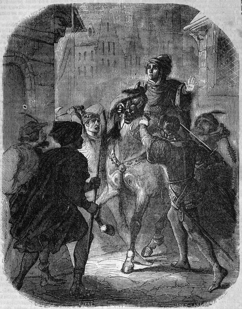 Asesinato de Luis I de Valois, duque de Orleans (1372-1407), en la antigua rue du Temple por Jean sans Peur - en “Histoire de France” de L.-P. Anquetil de French School